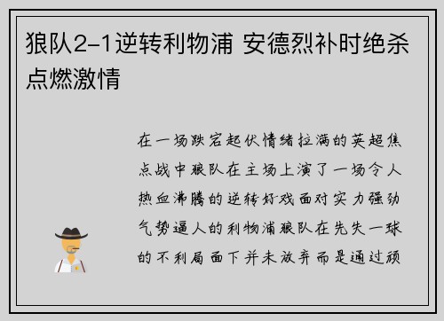 狼队2-1逆转利物浦 安德烈补时绝杀点燃激情